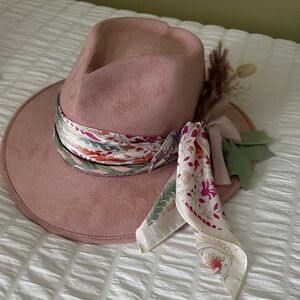 Elegant Pink Fedora with Floral Scarf